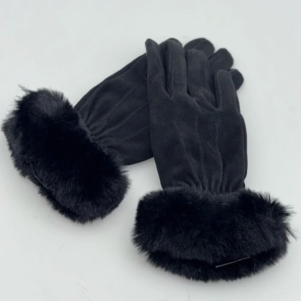 NEW Deer Suede Leather Driving Gloves Skin Faux Fur Cuff Black‎ Touchscreen Wool